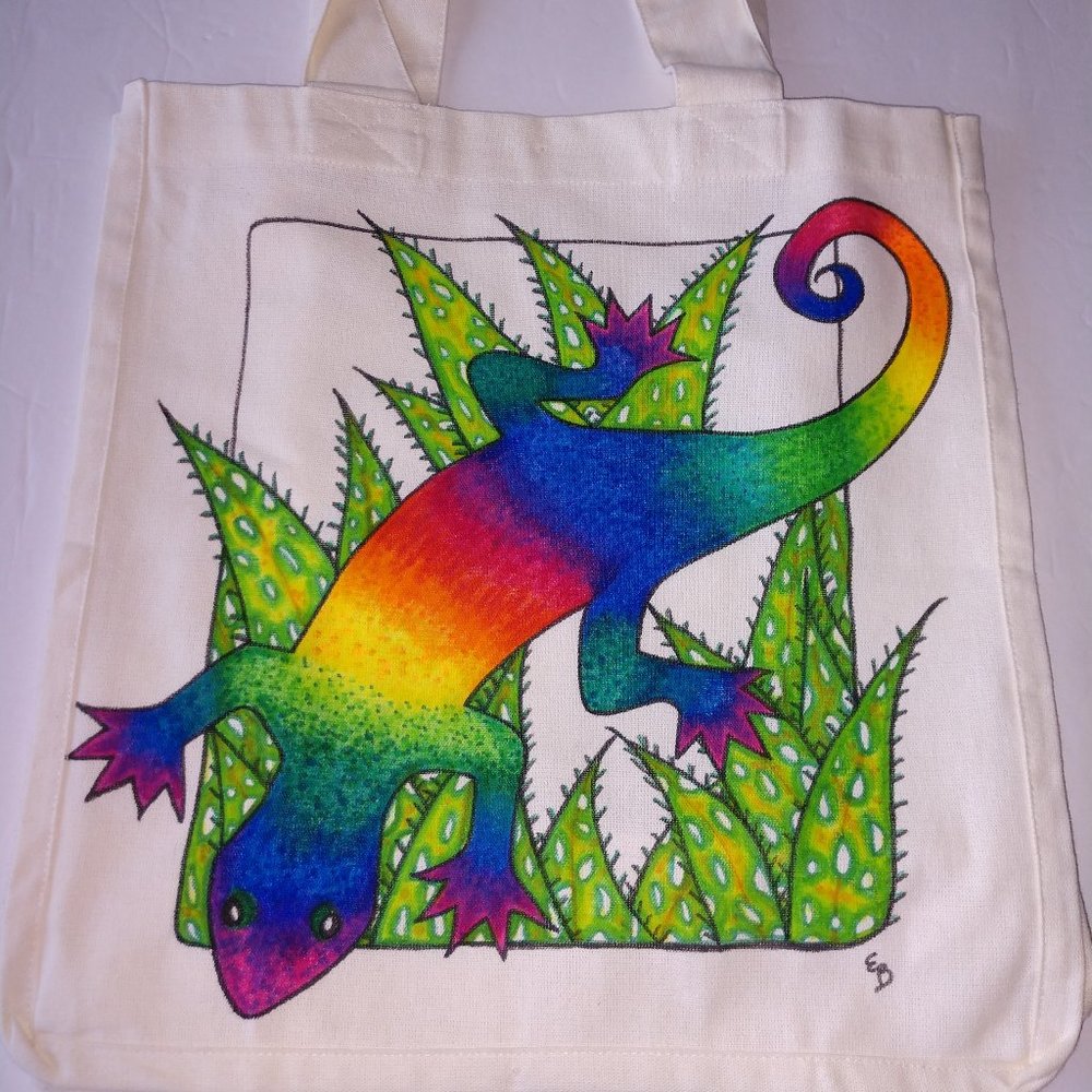 Hand-Painted Rainbow Gecko Tote Bag: Reusable Canvas Shopping Bag 14x13x7